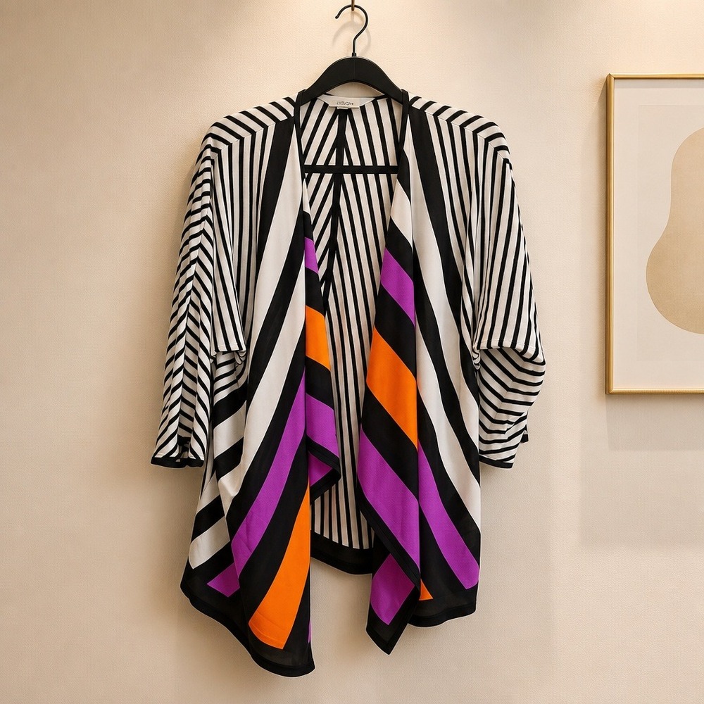 Misook Womens M Striped Open Front Cardigan‎ Wrap Sweater Black Purple Medium